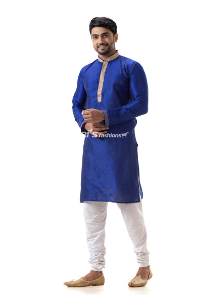 All Over Thread Work Pattern With Contrast Color Border Neck Design Men Royal Blue Color Punjabi (NS76)
